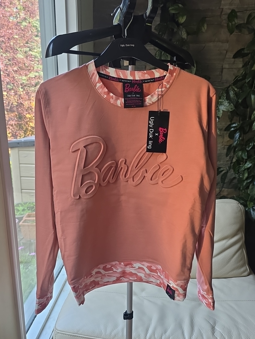 New Ugly Duk Ling Coral Pink Barbie Embossed Logo Sweatshirt- Size Medium